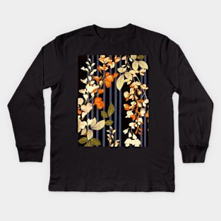 WHITE ORANGE FLOWERS AND BLUE BLACK STRIPES Antique Japanese Floral Kids Long Sleeve T-Shirt